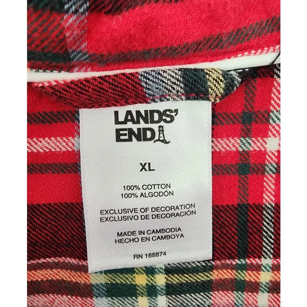 Lands' End Womens XLarge 100% Cotton Flannel Red Plaid Pajama Set Pockets